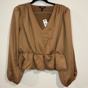 Express Women's Peplum Top Brown Long Sleeve Puff V Neck Ruched Pullover M